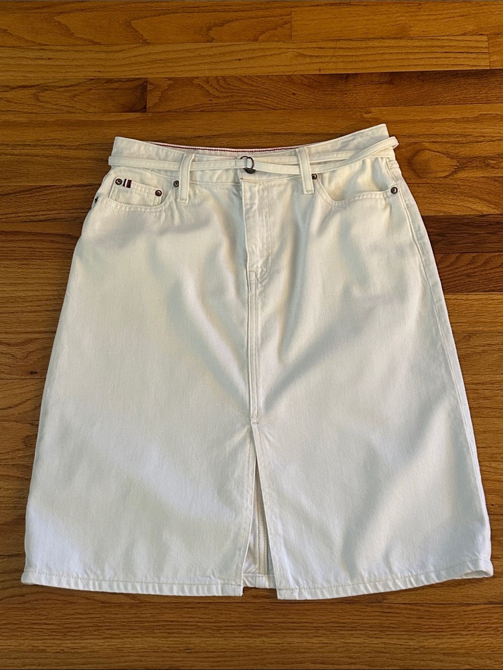 Tommy Hilfiger White Denim Midi A-Line Skirt with Front Slit Sz 8